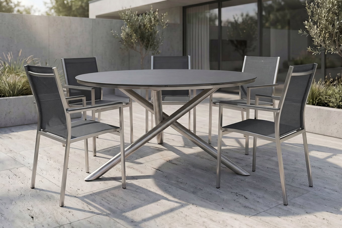 STERN Garten-Essgruppe, silber/grau, Edelstahl/Textil/Alu/Glaskeramik, Tisch Ø150cm, 5 Stapelsessel