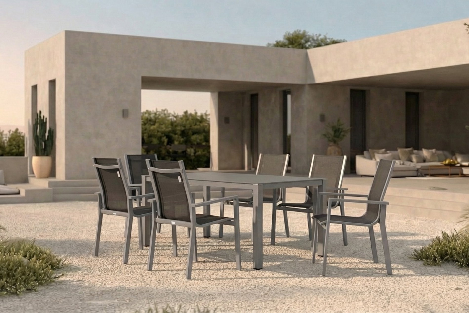 OUTFLEXX Garten-Essgruppe, silber/anthrazit, Alu/Spraystone/Textilen, 160x95 cm, 6 Stapelsessel