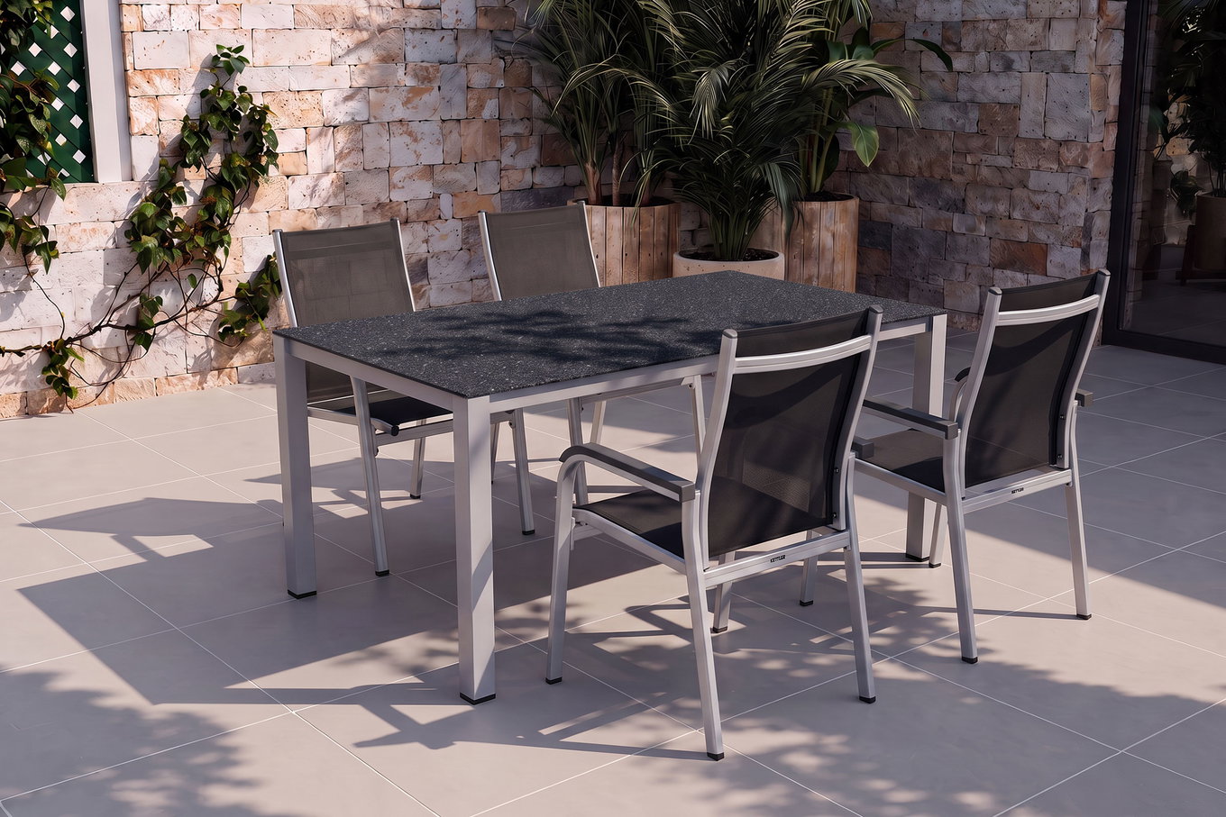 KETTLER BasicPlus Garten-Essgruppe, silber/anthrazit, Alu/Spraystone/Textil, 160x95 cm, 4 Stapelsessel