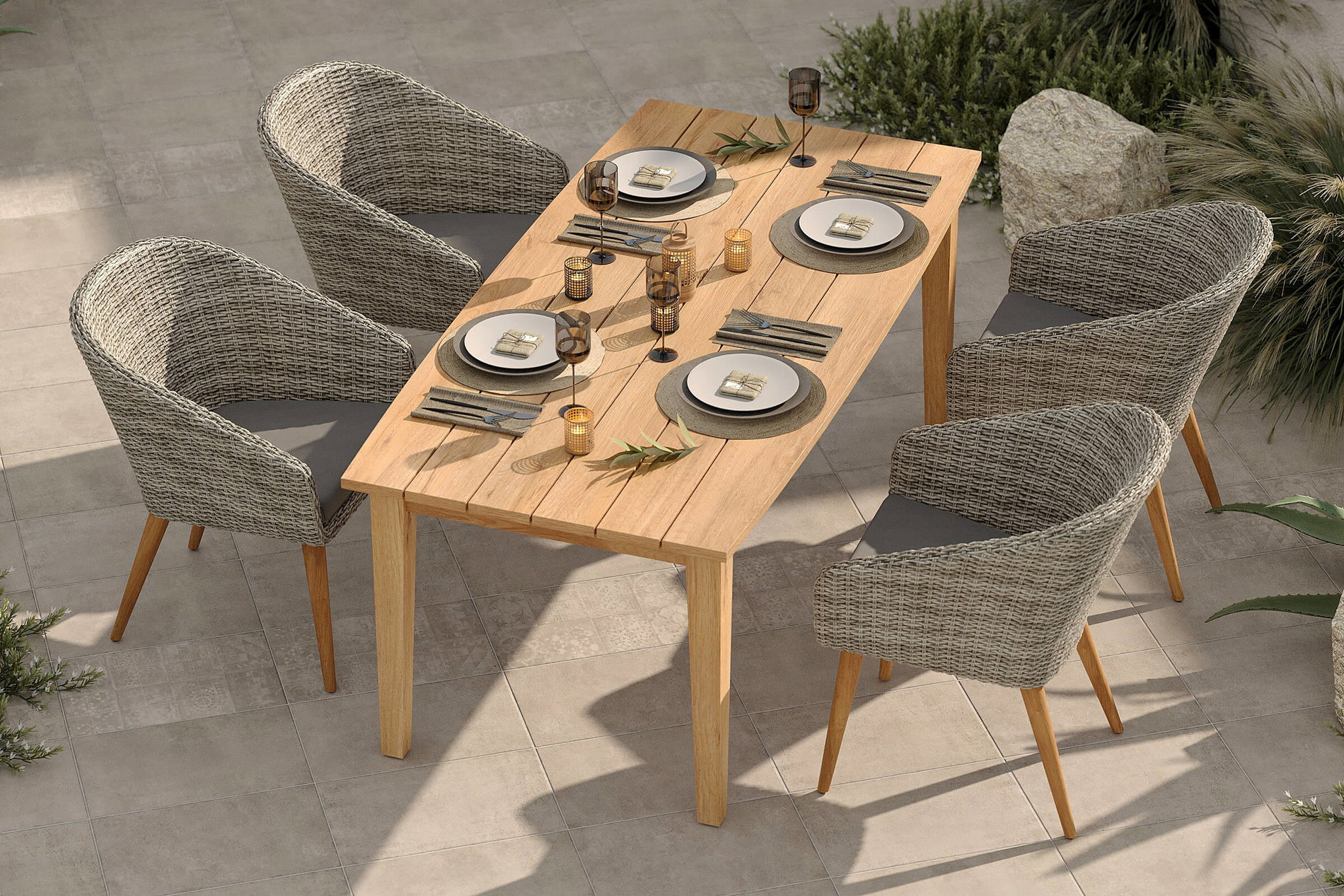 OUTFLEXX Borneo/Kota Garten-Essgruppe, natur/grau-meliert, Akazie/Alu/Polyrattan, 180x90cm, 4 Cocktailsessel, FSC®-zertifiziertes Produkt