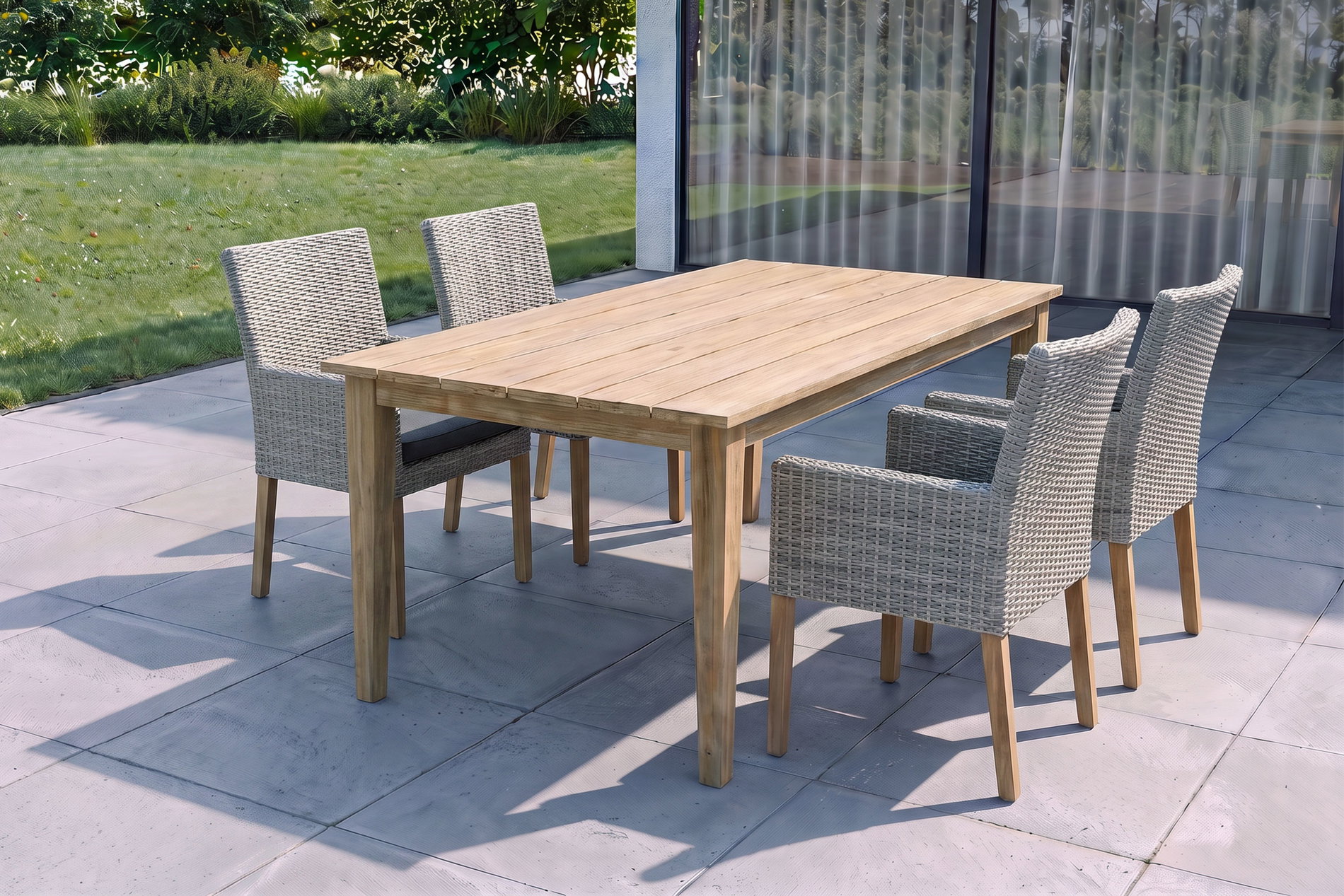 OUTFLEXX Borneo/Kota Garten-Essgruppe, natur/grau-meliert, Akazie/Alu/Polyrattan, 180x90cm, 4 Landhaussessel, FSC®-zertifiziertes Produkt