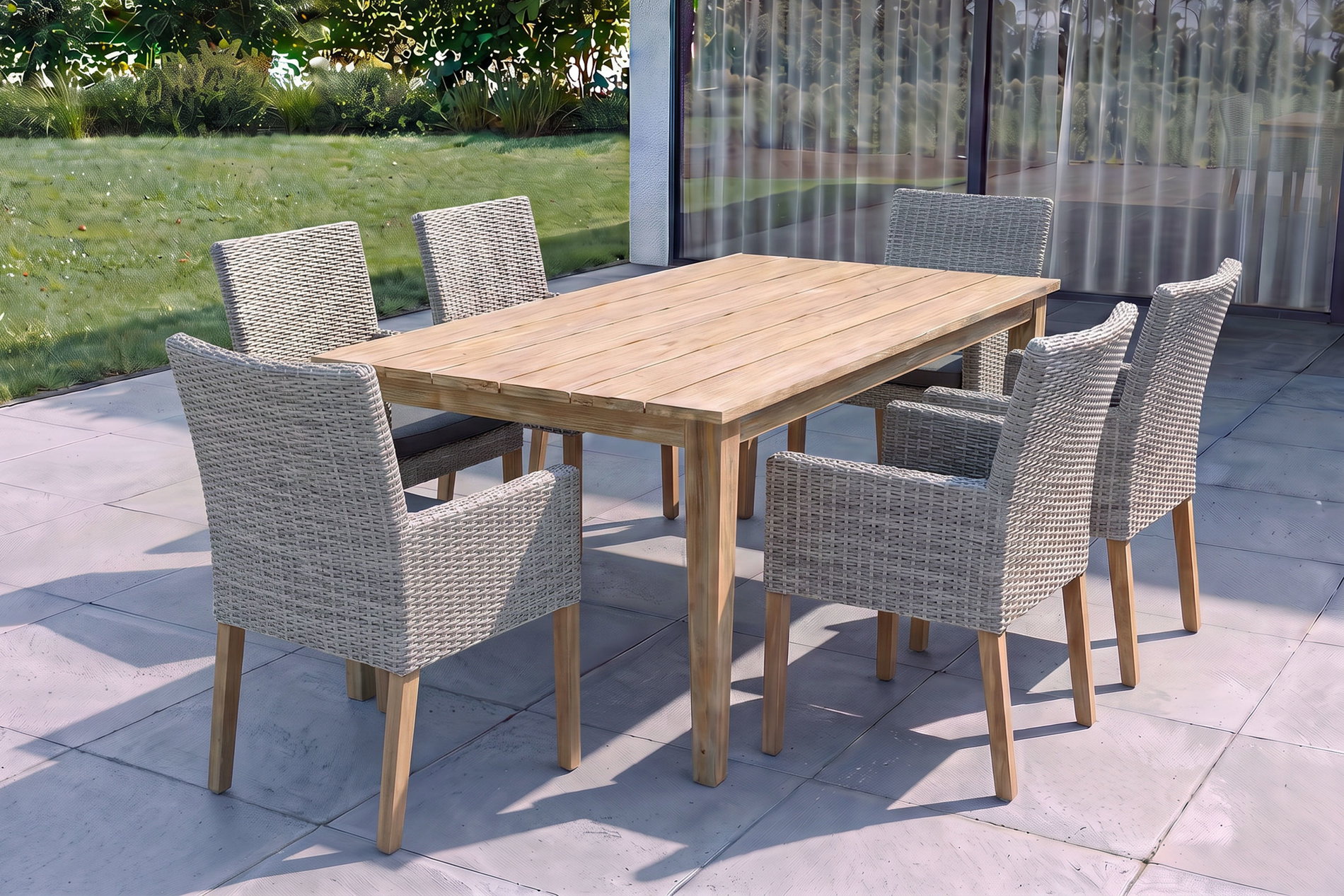 OUTFLEXX Borneo/Kota Garten-Essgruppe, natur/grau-meliert, Akazie/Alu/Polyrattan, 180x90cm, 6 Landhaussessel, FSC®-zertifiziertes Produkt