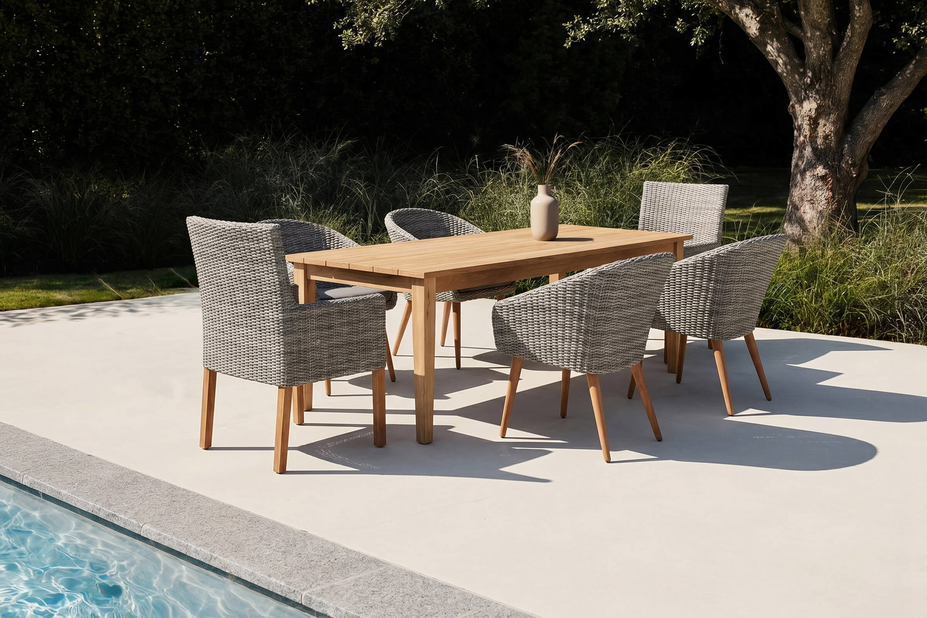 OUTFLEXX Borneo/Kota Garten-Essgruppe, natur/grau-meliert, Akazie/Alu/Polyrattan, 180x90cm, 4 Cocktailsessel, 2 Landhaussessel, FSC®-zertifiziertes Produkt