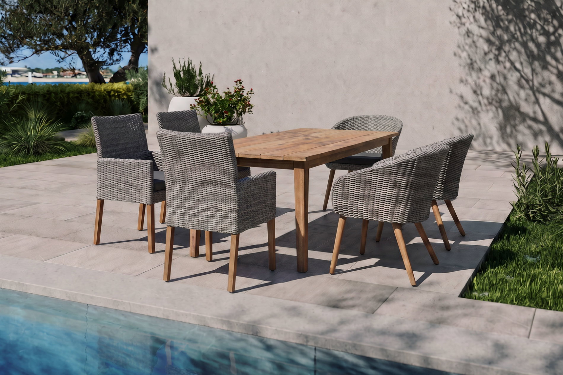 OUTFLEXX Borneo/Kota Garten-Essgruppe, natur/grau-meliert, Akazie/Alu/Polyrattan, 180x90cm, 3 Cocktailsessel, 3 Landhaussessel, FSC®-zertifiziertes Produkt