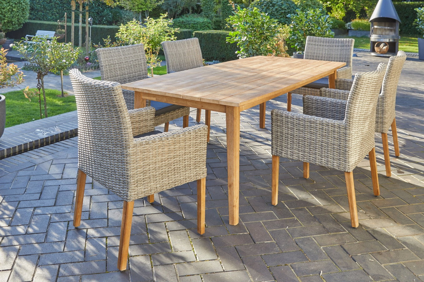 OUTFLEXX Borneo/Kota Garten-Essgruppe, natur/grau-meliert, Akazie/Alu/Polyrattan, 220x100 cm, 6 Landhaussessel, Akazie, FSC®-zertifiziertes Produkt