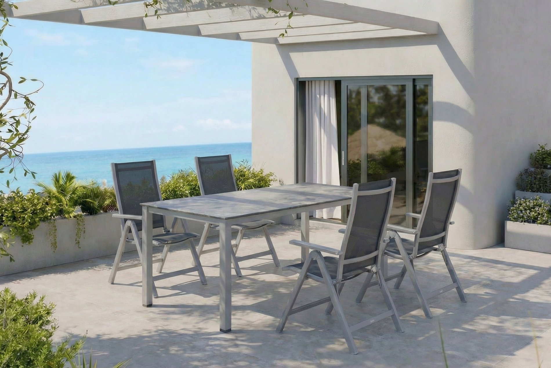 KETTLER Cubic Garten-Essgruppe, silber/anthrazit/grau, Alu/Textilene, Tisch 160 x 90 cm, 4 Klappstühle KETTLER Cubic Garten-Essgruppe, silber/anthrazit/grau, Alu/Textilene, Tisch 160 x 90 cm, 4 Klappstühle