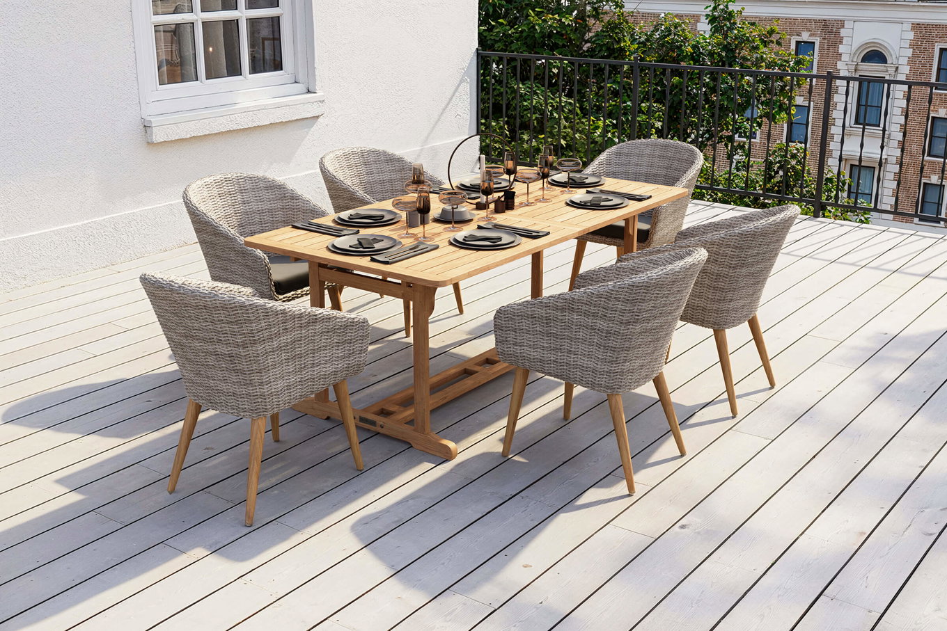 OUTFLEXX Kota Garten-Essgruppe, grau/natur, Akazie/Polyrattan/Alu, Ausziehbar, 180/240 x 100 cm Tisch, 6 Sessel, FSC®-zertifiziertes Produkt