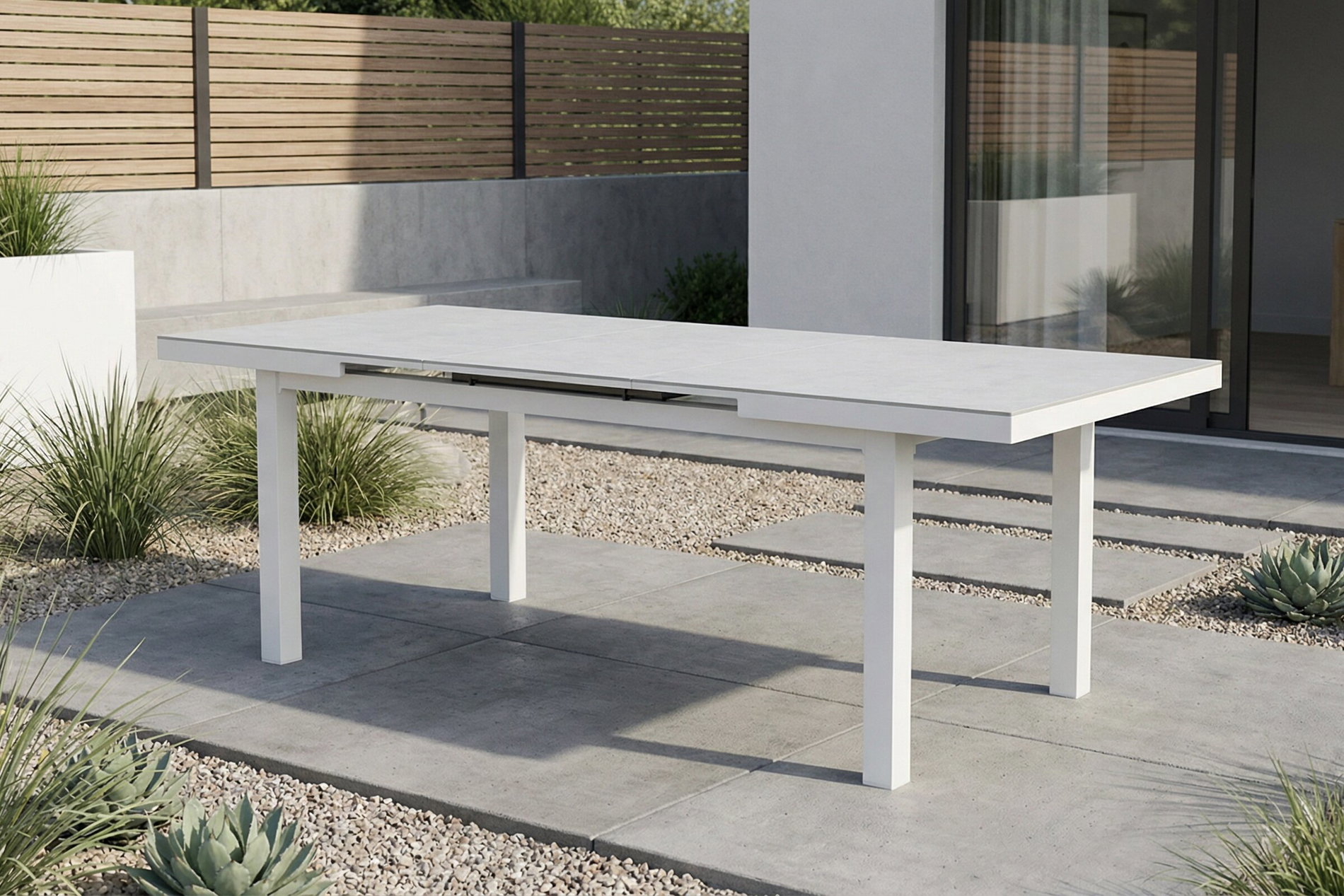 OUTFLEXX Premium Ausziehtisch, weiß, Alu/Glas, 180/240 x 100 cm, witterungsbeständig, hohe Belastbarkeit