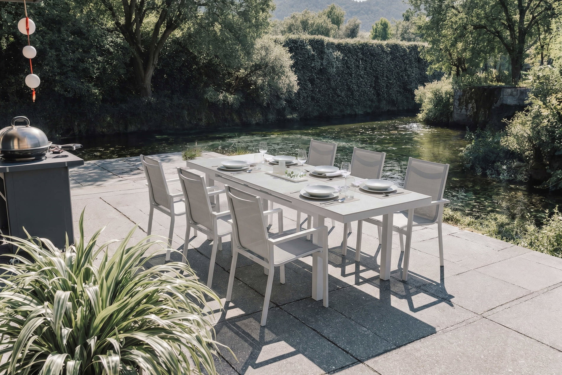 OUTFLEXX Garten-Essgruppe für 6 Personen, creme/weiß, Alu/Textilene, Tisch ausziehbar, Stühle stapelbar, witterungsbeständig