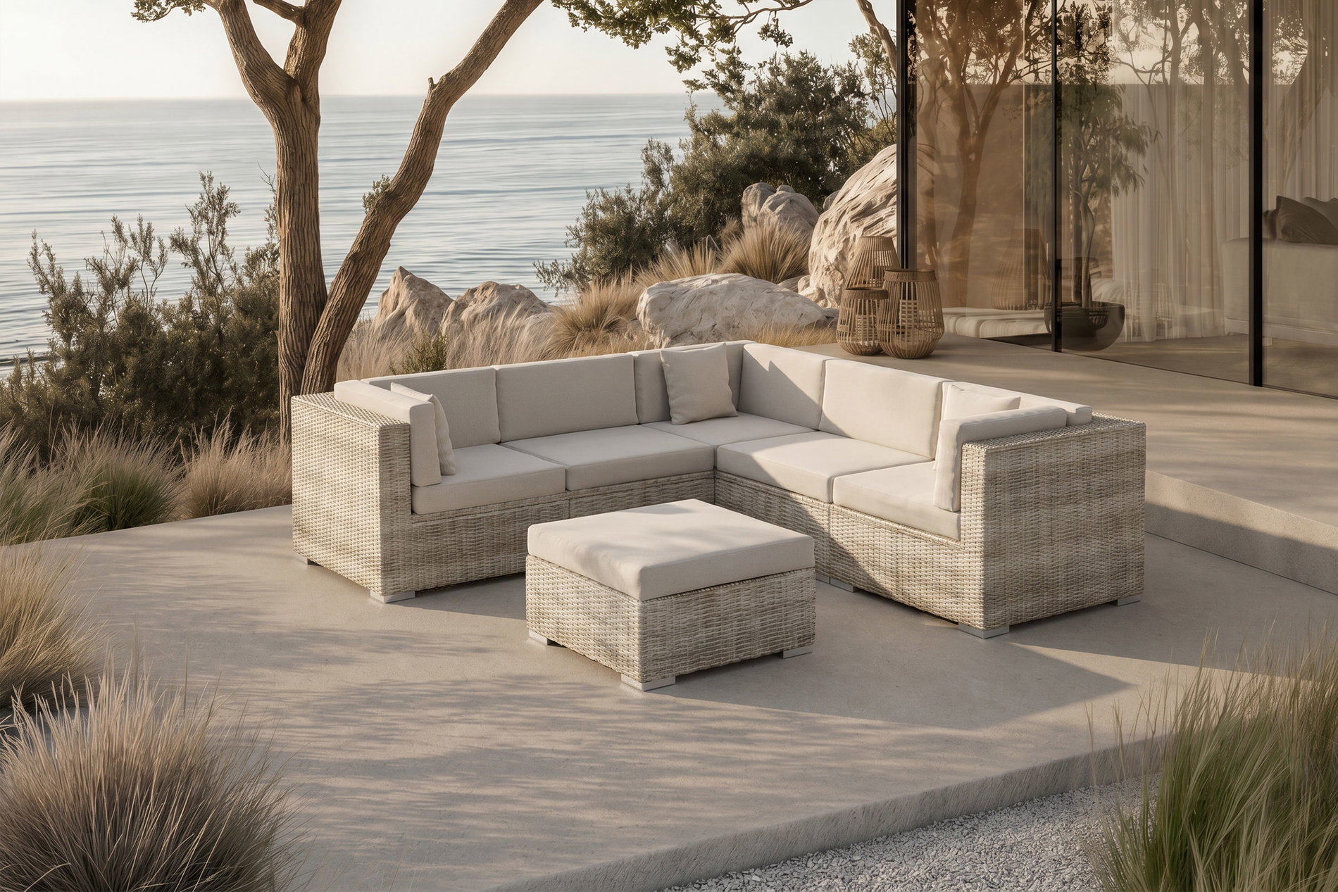OUTFLEXX Gartenlounge für 5 Personen, 6-teilig, desert-beige, Alu/Polyrattan, mit Kissenboxfunktion, modular verstellbar