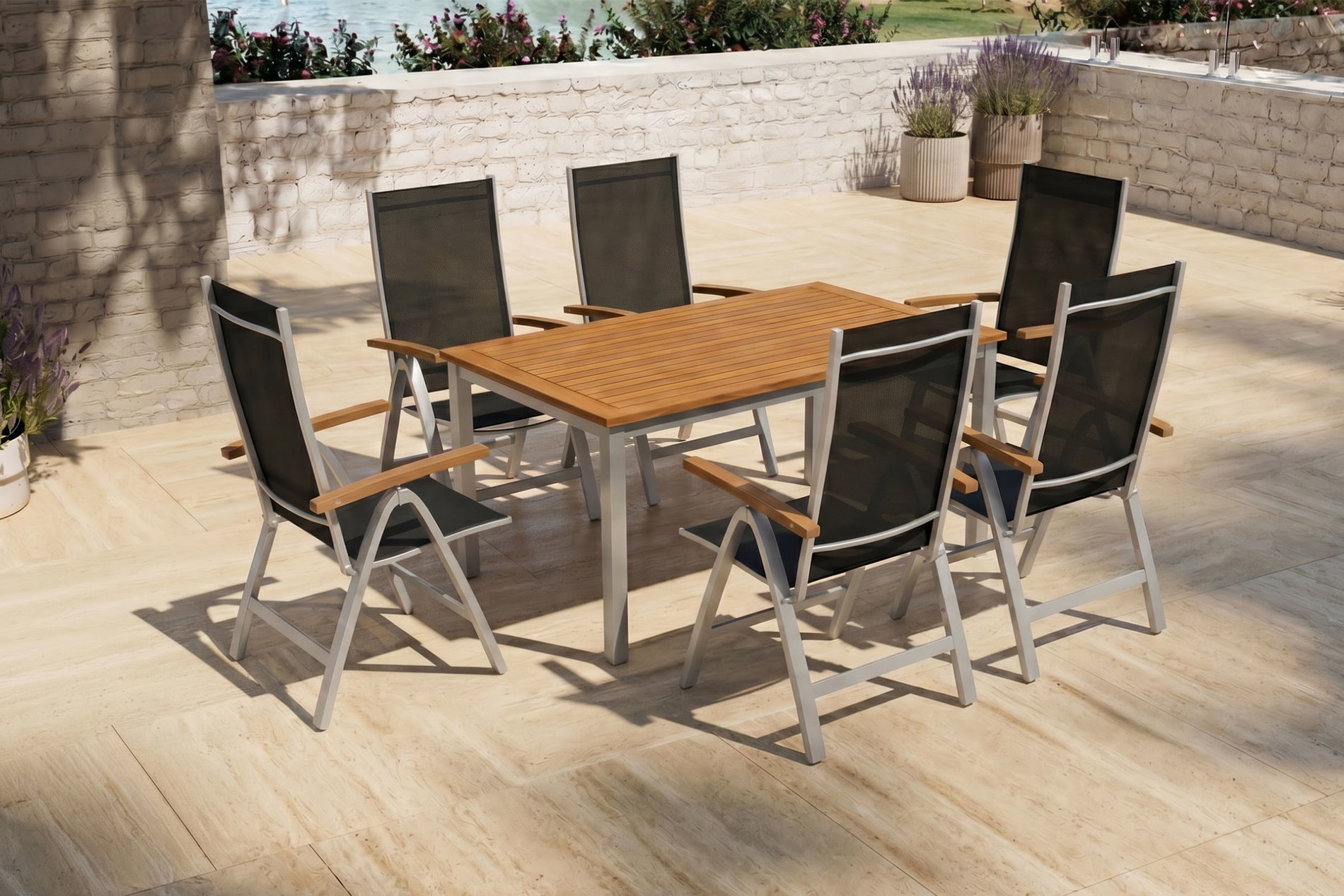 VILLANA Garten-Essgruppe, silber/natural, Alu/Eukalyptus, 150 x 90 x 74 cm, für 6 Personen, mit Fußkappen, witterungsbeständig, FSC®-zertifiziertes Produkt VILLANA Garten-Essgruppe, silber/natural, Alu/Eukalyptus, 150 x 90 x 74 cm, für 6 Personen, mit Fußkappen, witterungsbeständig, FSC®-zertifiziertes Produkt