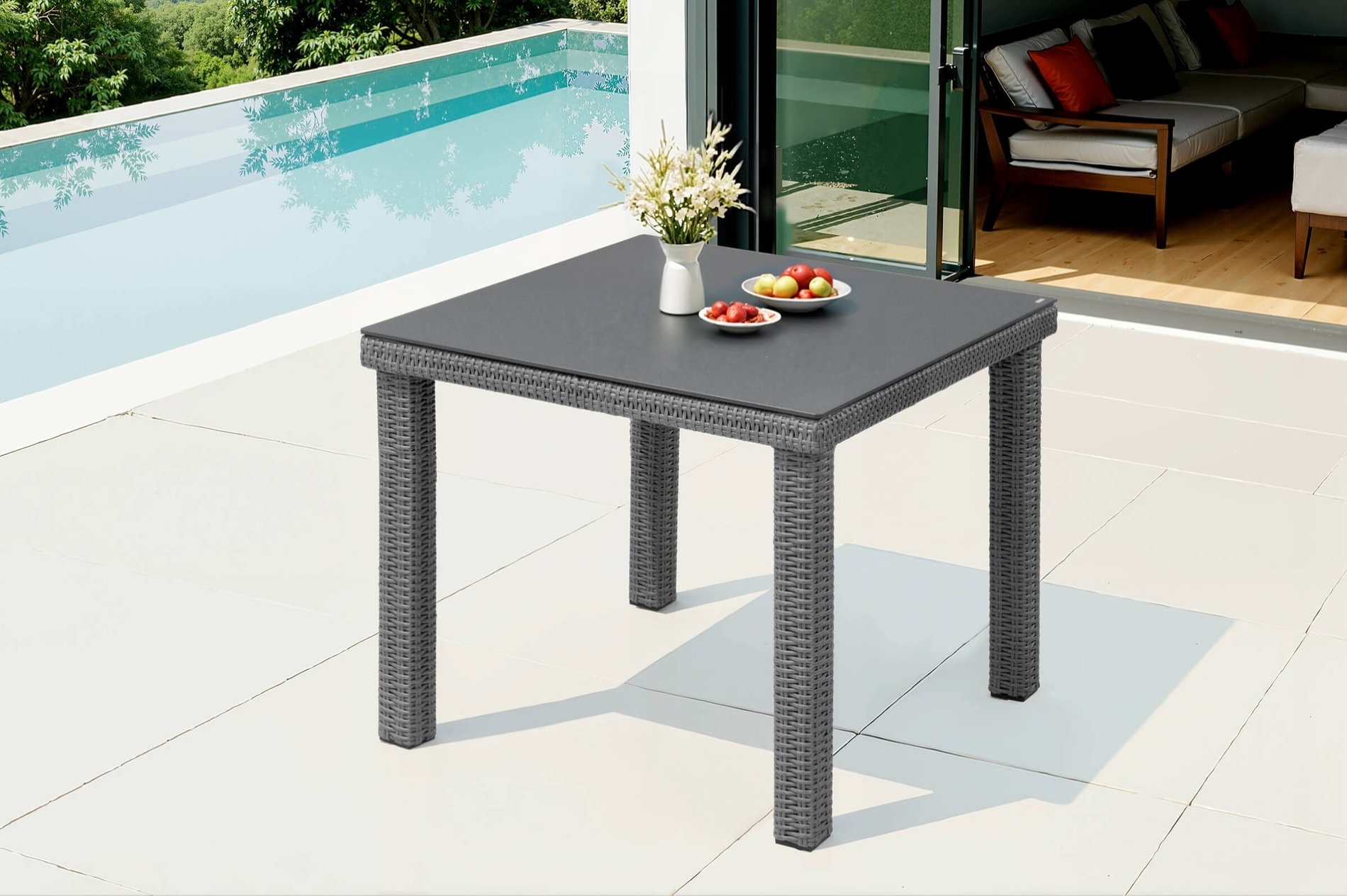 OUTFLEXX Vigo Dining-Tisch, stahlgrau-meliert, Alu/Polyrattan/Glas, 90x90x75cm, pulverbeschichtet