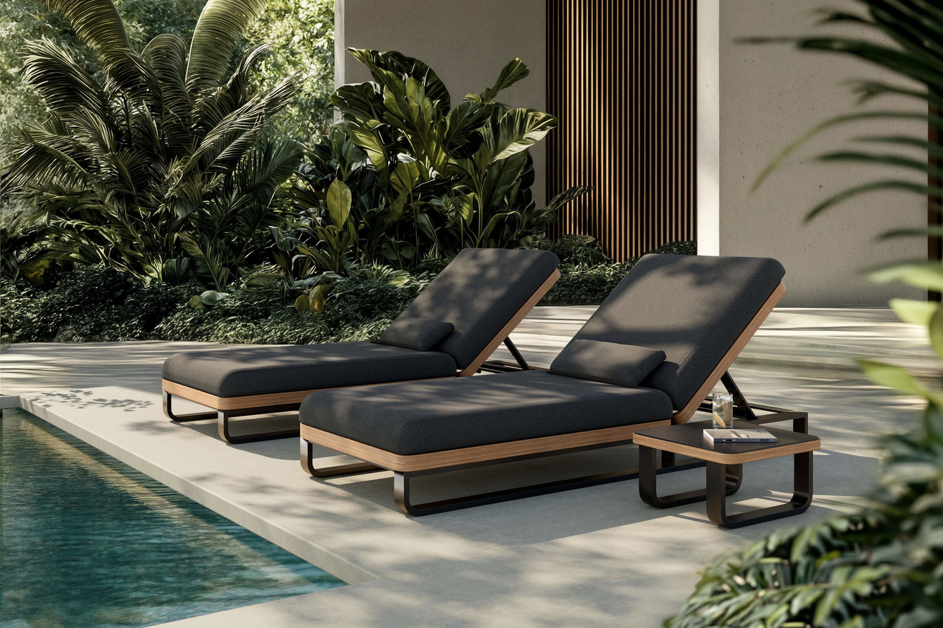 ploss Solera Gartenliegen 2er Set, anthrazit/schwarz, Alu/Polyester/Schaumstoff, 200 x 72 cm, verstellbare R&uuml;ckenlehne, inkl. Beistelltisch