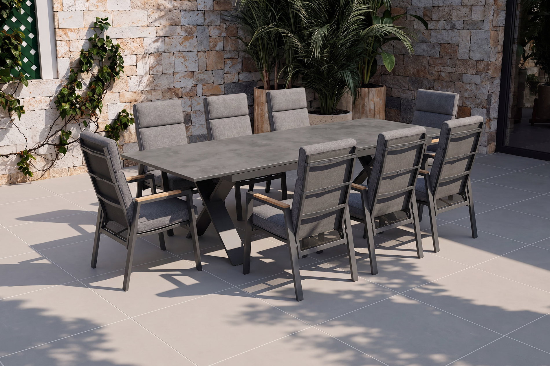HARTMAN Xanadu Garten-Essgruppe, anthrazit/grau, Alu/Edelstahl/Glaskeramik/Polyester/Teakholz, 280 x 100 cm, ausziehbar, pulverbeschichtet, korrosionsbeständig, UV-beständig, Polster inklusive