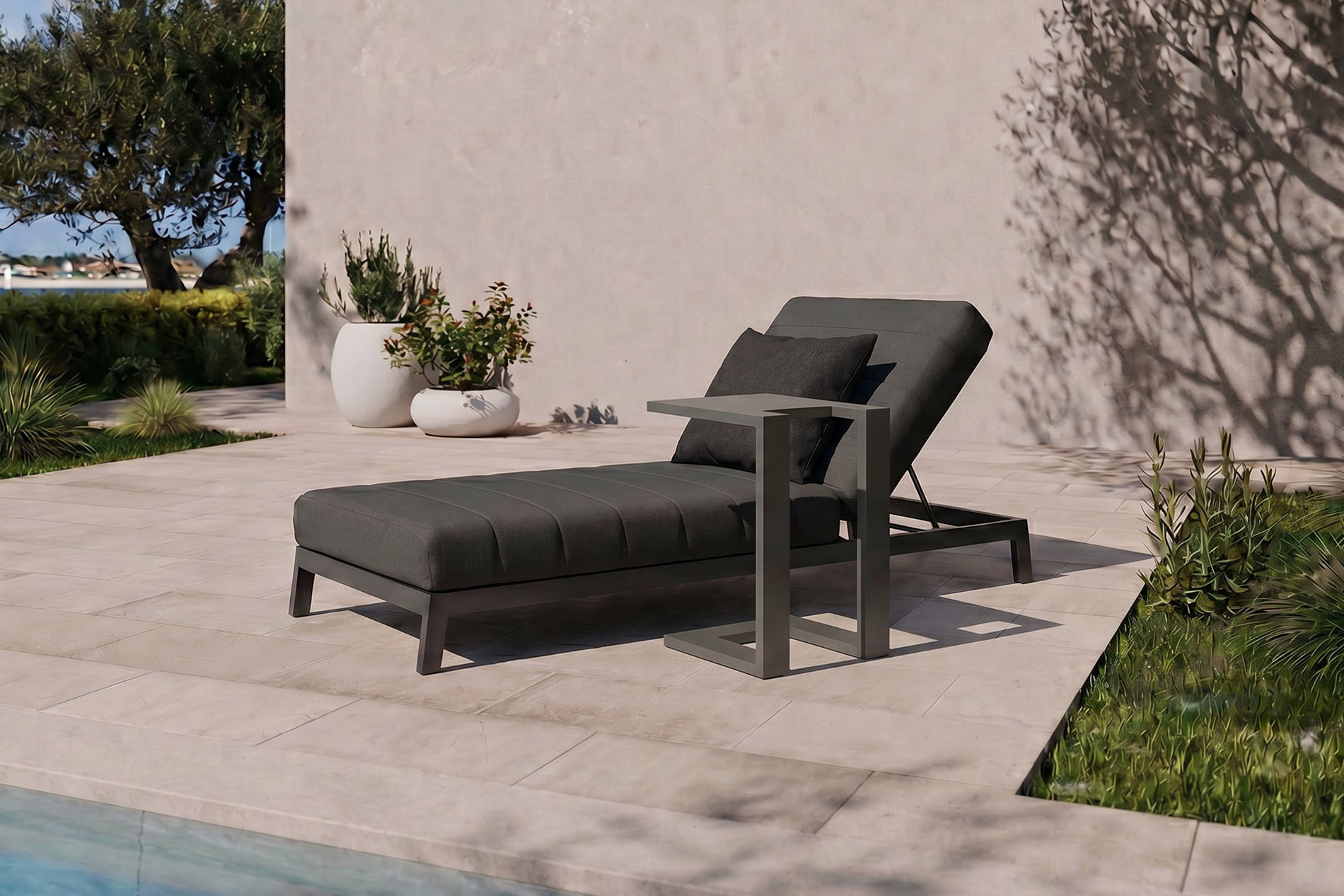 OUTFLEXX Bite Gartenliegen-Set mit Beistelltisch, anthrazit, Aluminium/Polyester, 205 x 90 cm, schnelltrocknend, inklusive Dekokissen
