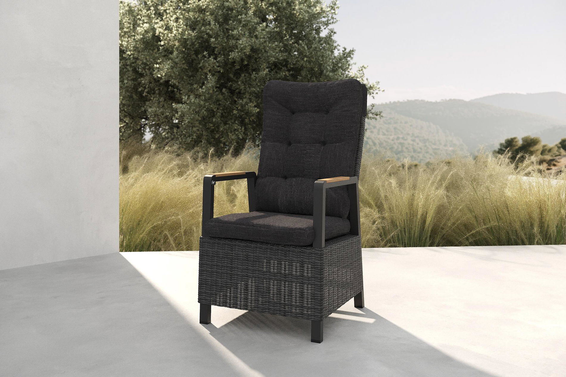 OUTFLEXX Nova Diningsessel, anthrazit/grau, Alu/Polyrattan, 58 x 68 x 108 cm, verstellbare Rückenlehne, mit Teakholz-Armlehnen, FSC®-zertifiziertes Produkt OUTFLEXX Nova Diningsessel, anthrazit/grau, Alu/Polyrattan, 58 x 68 x 108 cm, verstellbare Rückenlehne, mit Teakholz-Armlehnen, FSC®-zertifiziertes Produkt