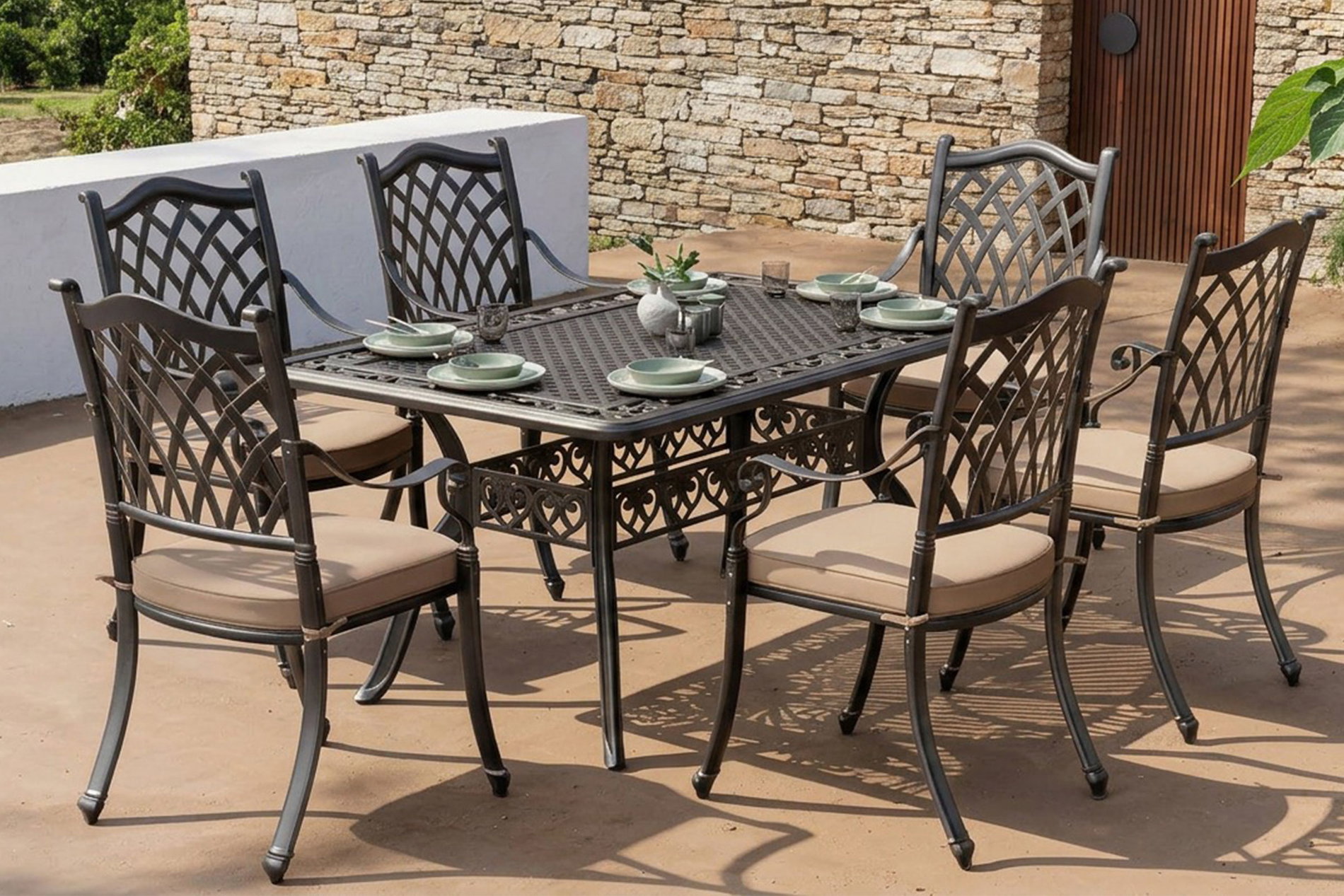 OUTFLEXX Cambridge Garten-Essgruppe mit 6 Stühlen, bronze/khaki/schwarz, Gussaluminium/Polyester, Tisch ca. 150 x 90 cm OUTFLEXX Cambridge Garten-Essgruppe mit 6 Stühlen, bronze/khaki/schwarz, Gussaluminium/Polyester, Tisch ca. 150 x 90 cm