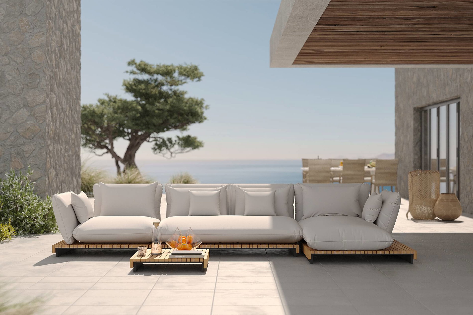 OUTFLEXX Catania Gartenlounge für 5-6 Personen, creme/grau, Alu/Teak/Olefin, wetterbeständig, FSC®-zertifiziertes Produkt
