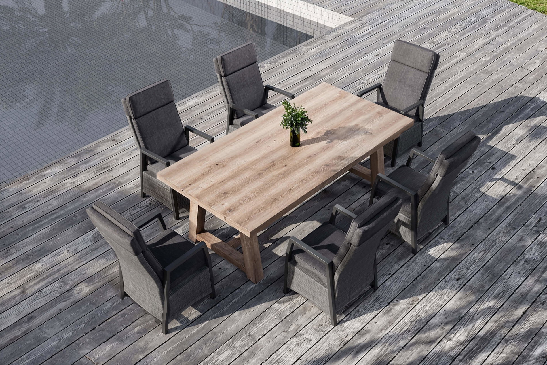 OUTFLEXX Nova Garten-Essgruppe mit 6 Sesseln, anthrazit/grau/natur, Alu/Polyrattan/Teakholz, 220 x 110 cm Tisch, verstellbare R&uuml;ckenlehne