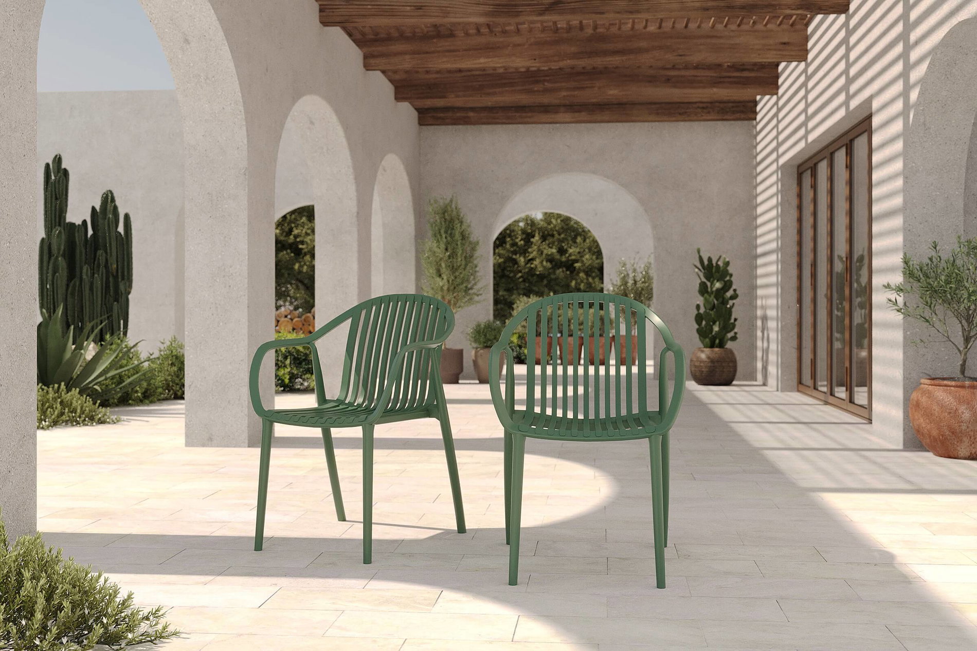 VILLANA Pico Curve Stapelsessel 2er-Set, pestogrün, Kunststoff, 56,5 x 59,5 x 83 cm, stapelbar, UV-beständig