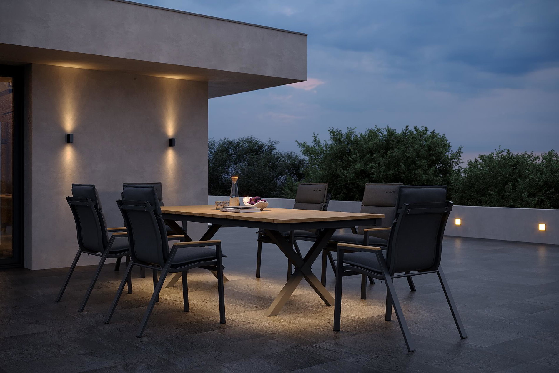 OUTFLEXX Luminara Garten-Essgruppe mit LED-Beleuchtung, anthrazit matt/natur, Alu/Holzimitat, 240 x 100 cm, inklusive Auflagen, 6 Stapelsessel OUTFLEXX Luminara Garten-Essgruppe mit LED-Beleuchtung, anthrazit matt/natur, Alu/Holzimitat, 240 x 100 cm, inklusive Auflagen, 6 Stapelsessel