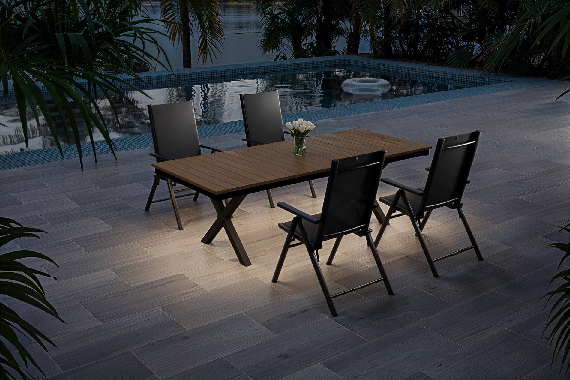 KETTLER Exklusivmodell BasicPlus Pro, Garten-Essgruppe mit LED-Beleuchtung, anthrazit/natur, Alu/Holzimitat, 240 x 100 cm, 4 Klappst&uuml;hle