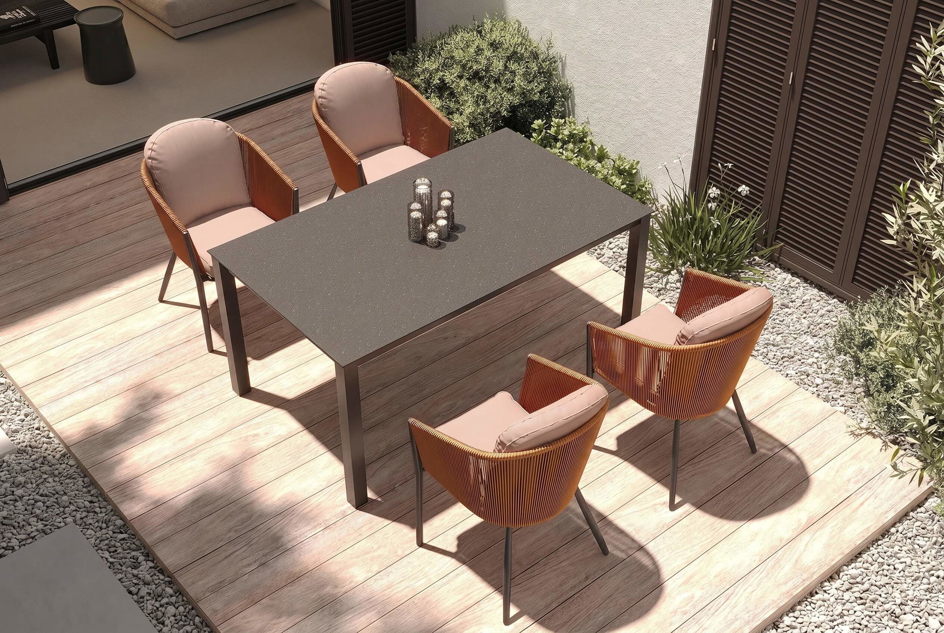 OUTFLEXX Tavio Garten-Essgruppe, anthrazit matt/orange, Alu/Rope-Geflecht, Spraystone-Tischplatte 160 x 95 cm, 4 Diningsessel