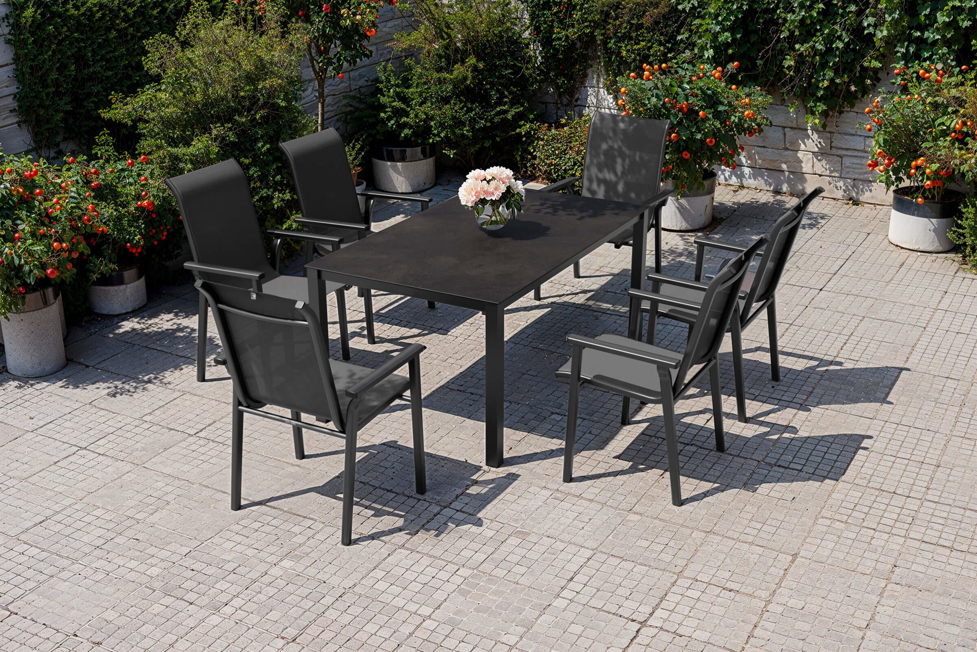 KETTLER BasicPlus Pro Garten-Essgruppe, anthrazit, Aluminium/Textilene, Tisch 160 x 95 cm, 6 Stapelsessel