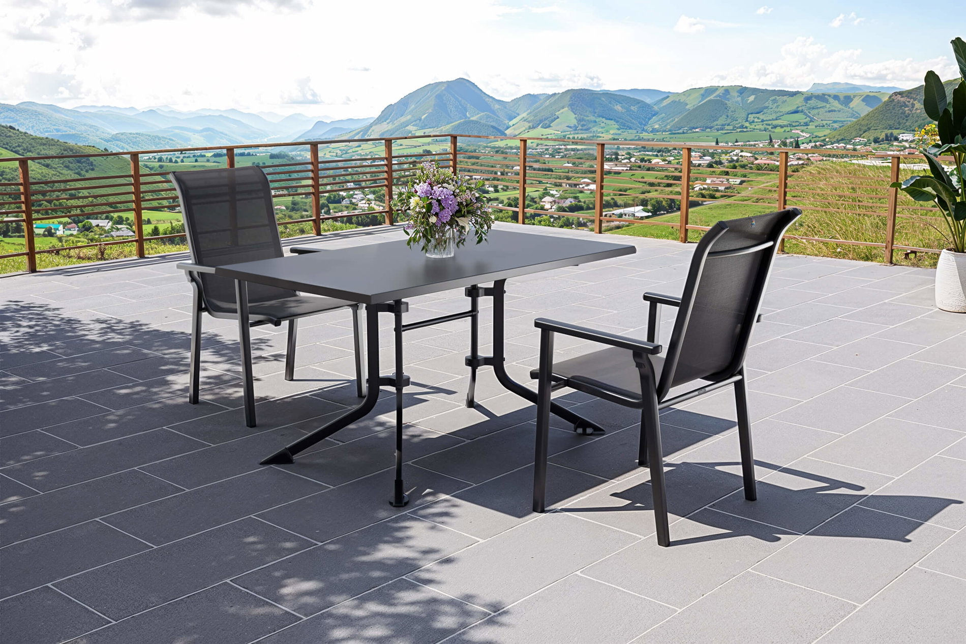 KETTLER BasicPlus Pro Balkon-Set, anthrazit, Aluminium/Textilene/Kettalux, 140 x 95 cm Tisch, 2 Stapelsessel