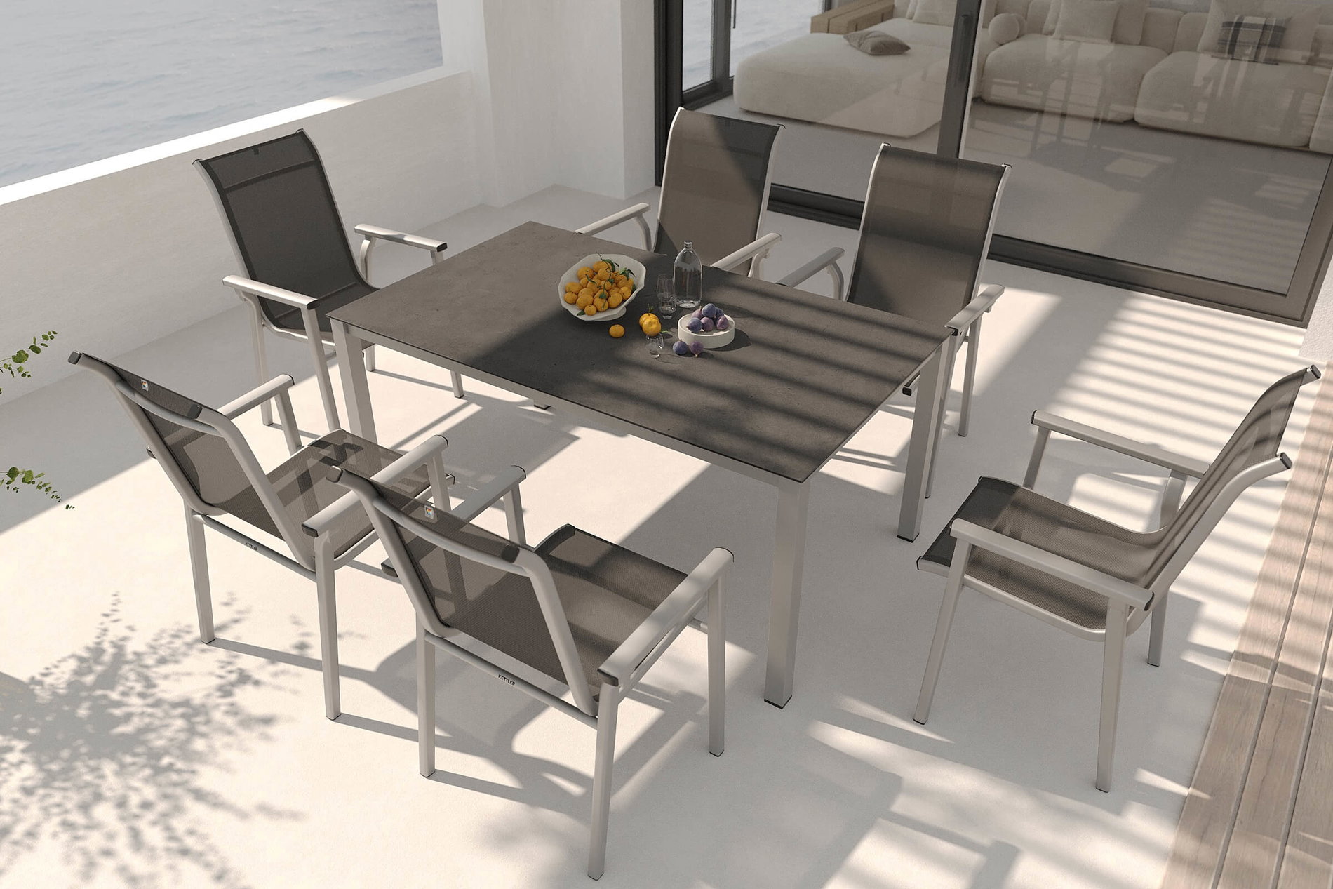 KETTLER BasicPlus Pro Garten-Essgruppe, silber/anthrazit, Alu/Textilene, Esstisch 160 x 95 cm, 6 Stapelsessel