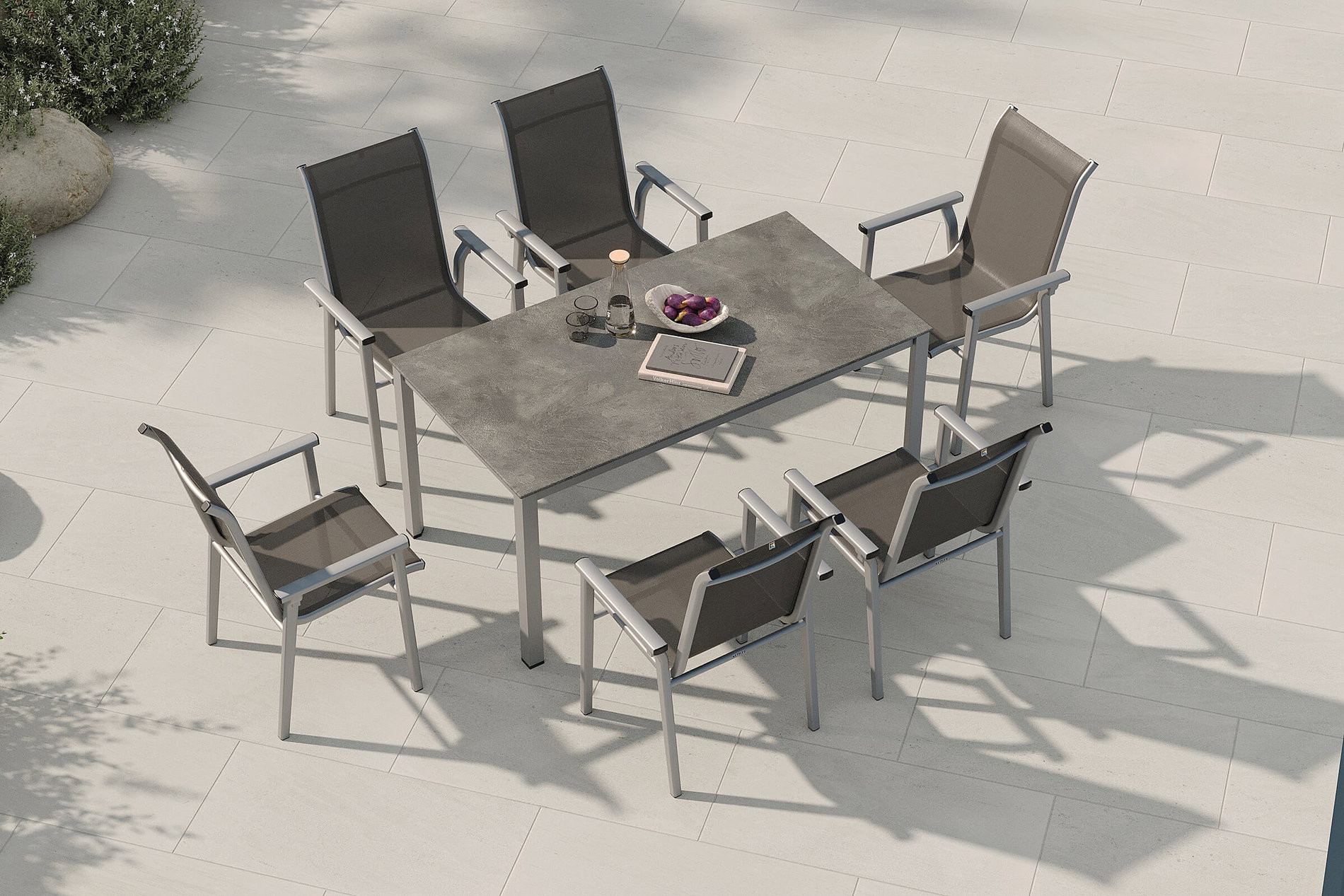 KETTLER BasicPlus Pro Garten-Essgruppe, silber/anthrazit, Alu/Textilene, Tisch 160 x 90 cm, 6 Stapelsessel
