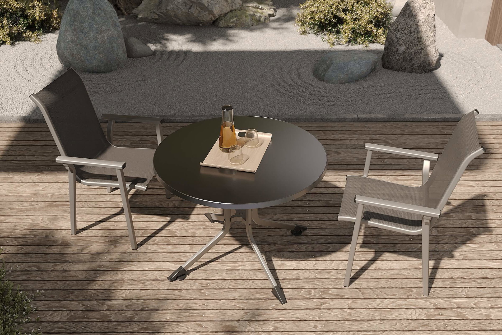 KETTLER BasicPlus Pro Balkon-Set, silber/anthrazit, Alu/Textilene, Klapptisch rund ⌀100 cm, 2 Stapelsessel