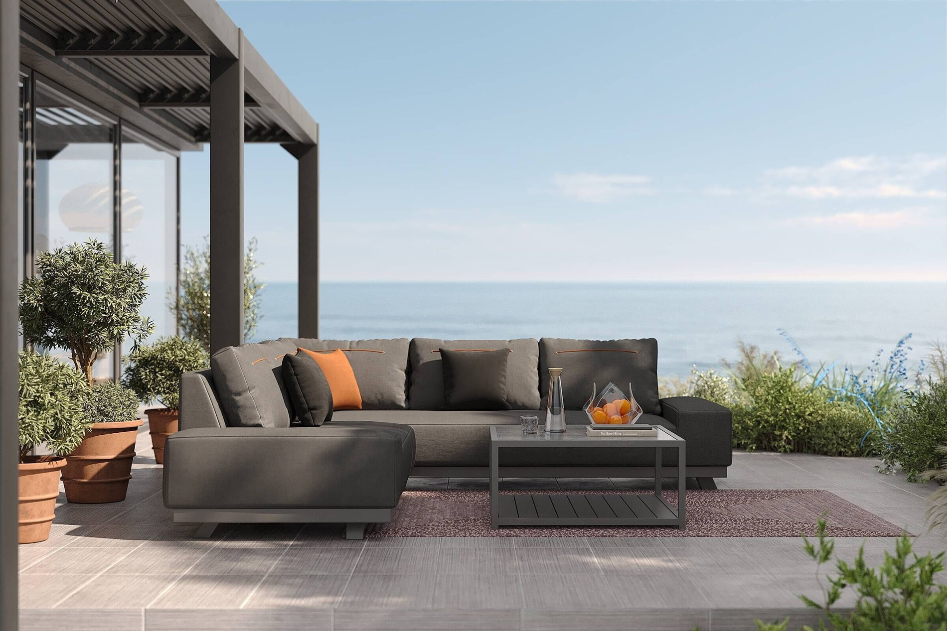 OUTFLEXX Beau Gartenlounge mit Outdoor-Teppich, grau/rot-weiß, Alu/Polyester/PET-Garn, Teppich rechteckig 240 x 160 cm, inkl. Kaffeetisch
