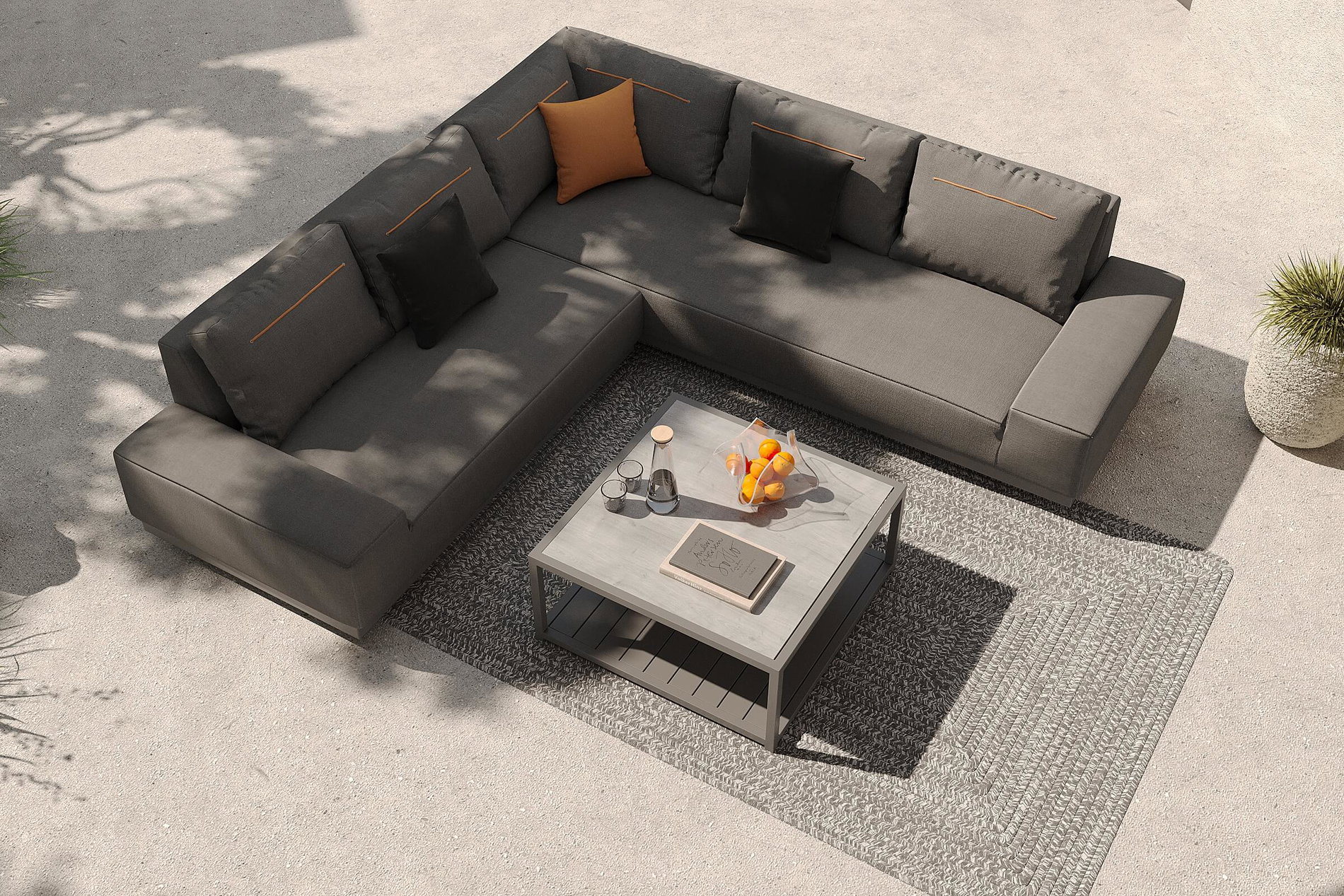 OUTFLEXX Beau Gartenlounge mit Outdoor-Teppich, grau/grau-weiß, Aluminium/Polyester/PET-Garn, Teppich rechteckig 240 x 160 cm, inkl. Kaffeetisch