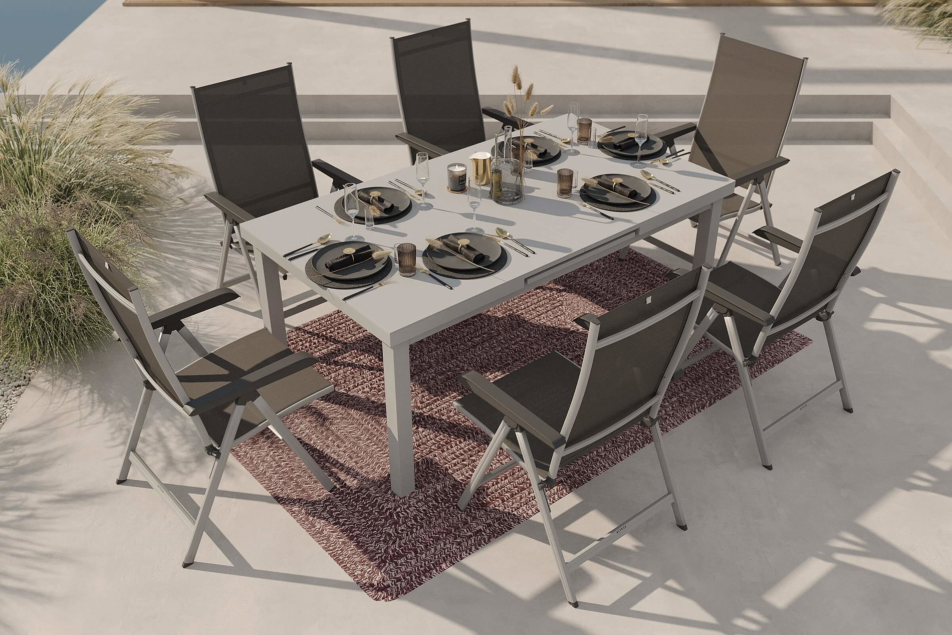 KETTLER Garten-Essgruppe mit 6 Klappstühlen und Outdoor-Teppich, silber/anthrazit/rot-weiß, Aluminium/Textilene, ausziehbarer Tisch 180/240 x 100 cm
