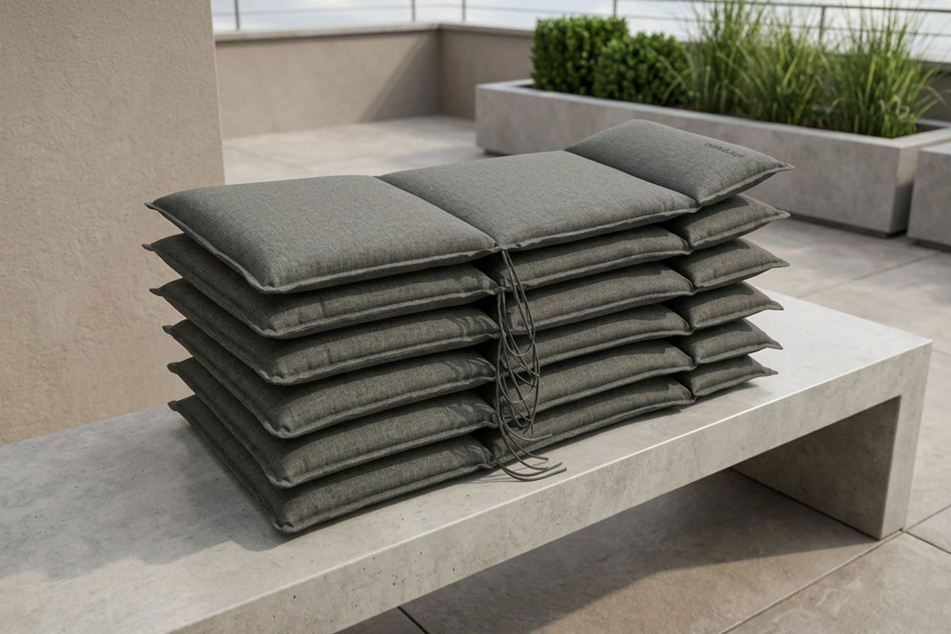 OUTFLEXX Select 6er-Set Sitzkissen für Hochlehner, anthrazit, recyceltes Polyester, hautsympathisch, mit Rückengurt und Bindekordeln OUTFLEXX Select 6er-Set Sitzkissen für Hochlehner, anthrazit, recyceltes Polyester, hautsympathisch, mit Rückengurt und Bindekordeln